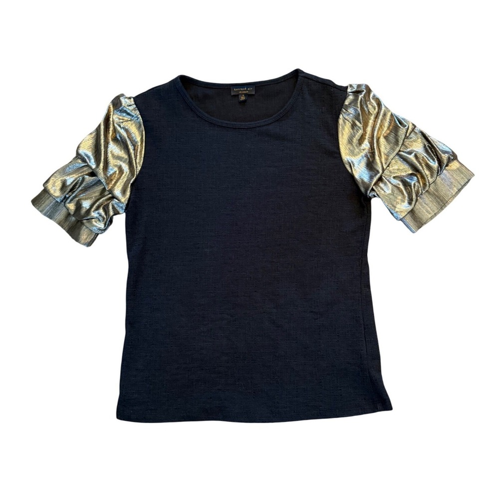 Anthropologie Current Air Metallic Puff Sleeve Top Womens Small Black Gold Knit
